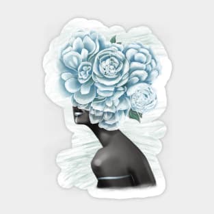 Black and white girl with color beautiful flowers in her head. Sticker